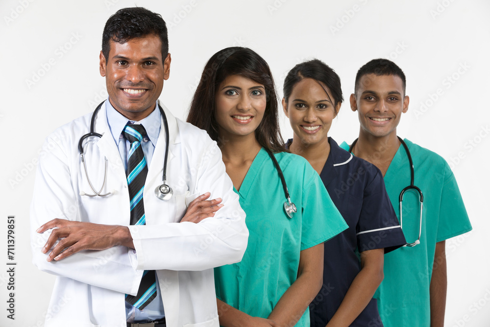 Indian medical team standing on white background Indian medical team standing on white background