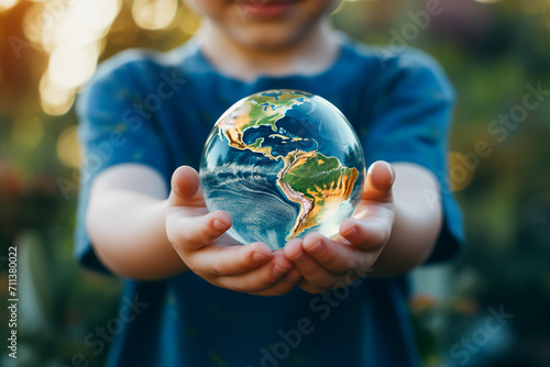 cutout of a child holding a sphere of planet Earth in his hand