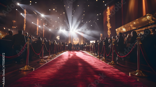 an empty red carpet in an indoor room night with people on either side. spotlights and rope.