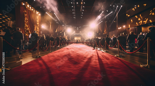 an empty red carpet in an indoor room night with people on either side. yellow spotlights and rope. photo