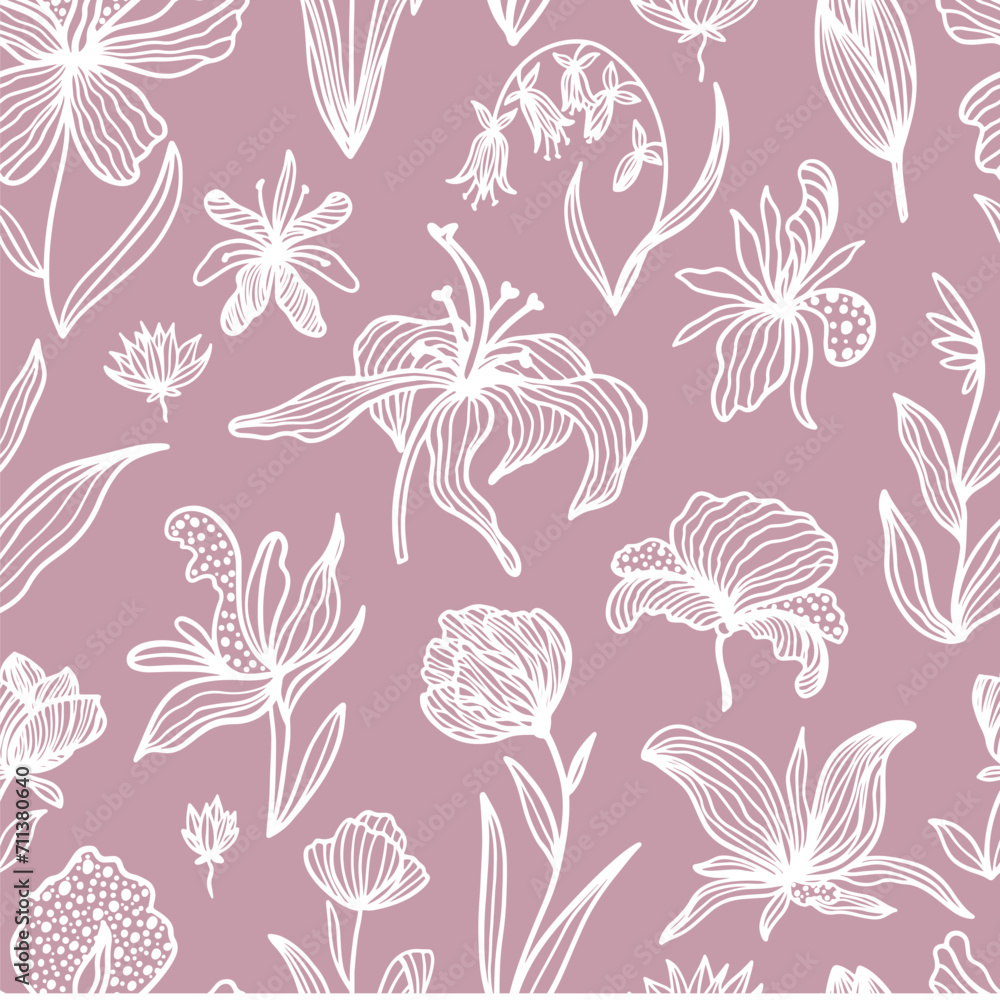 Trendy floral seamless pattern. Hand drawn contour lines of fantastic plants and flowers in magenta. Vector illustrations of lilies, orchids, poppies and tulips.