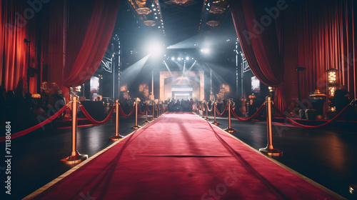 an empty red carpet in an indoor room night. red curtain spotlights and rope. photo