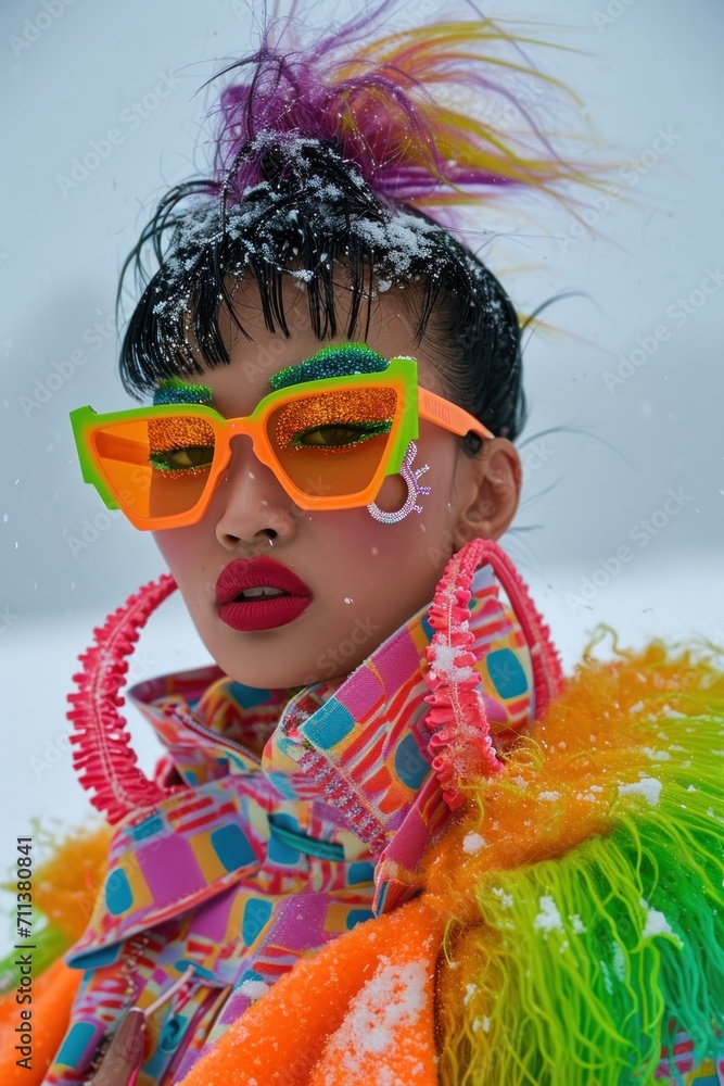 Trendsetting model with colorful fashion eyewear covered in snow poses confidently