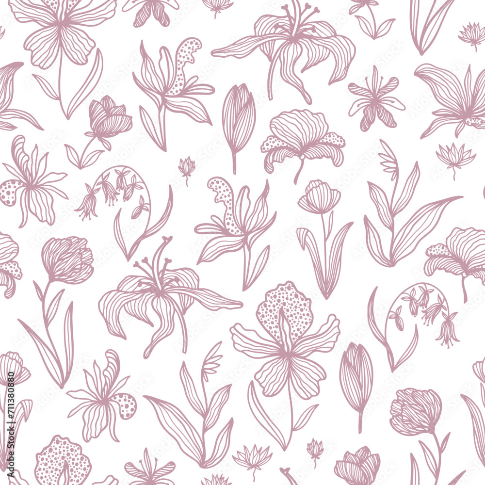 Trendy floral seamless pattern. Hand drawn contour lines of fantastic plants and flowers in magenta. Vector illustrations of lilies, orchids, poppies and tulips.