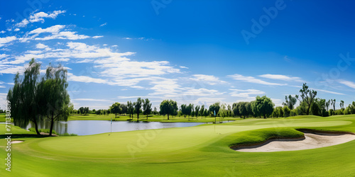 golf course with sky and clouds, green golf course, clear weather views, 