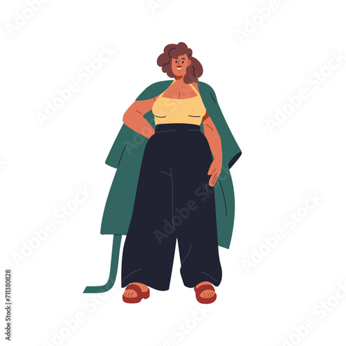 Modern plus-size fat attractive woman in fashion apparel, clothes. Happy youn...