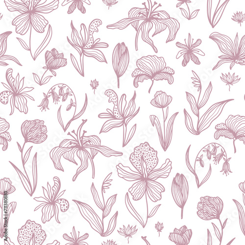Trendy floral seamless pattern. Hand drawn contour lines of fantastic plants and flowers in magenta. Vector illustrations of lilies  orchids  poppies and tulips.