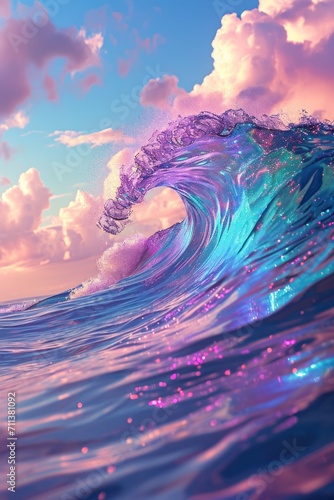 A stunning wave cresting with a vibrant mix of colors under a sky with dramatic clouds, sprinkled with glitter © Glittering Humanity