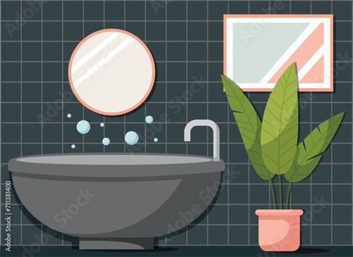 Black modern bathroom design with dark bathtub, houseplant, picture in the tiles and mirror