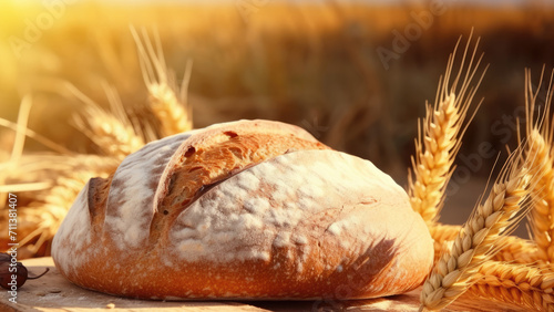 Harvested Delights: Freshly Baked Bread with Wheat Backdrop 