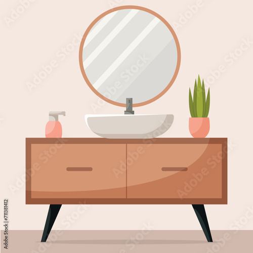 Minimalistic modern Bathroom interior with furniture, sink, mirror and house plants. Vector