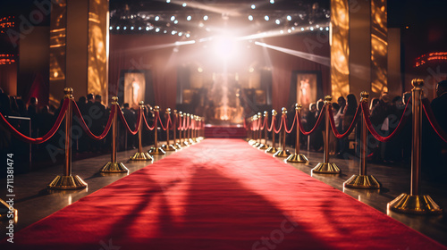an empty red carpet in a luxurious indoor room night with people on either side. spotlights and rope. photo
