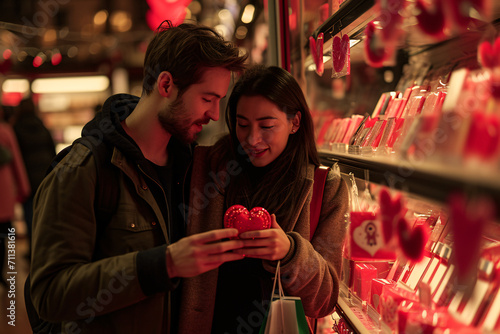 Wallpaper Mural An endearing photograph of a couple selecting a heart shaped gift, capturing a shared moment of intimacy and decision making in the spirit of Valentine's Day. Torontodigital.ca