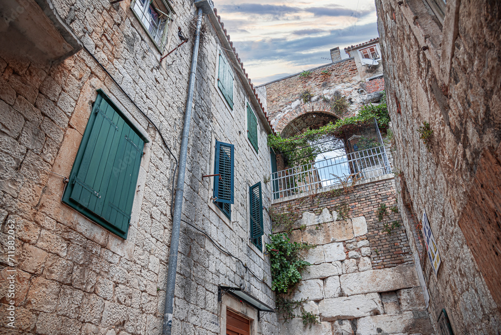 Ancient stone buildings on the streets of Split in Croatia.