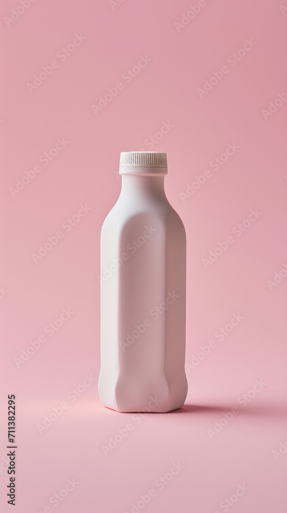 A simple, elegant white bottle stands against a pink backdrop, casting a soft shadow A simple, elegant white bottle stands against a pink backdrop, casting a soft shadow