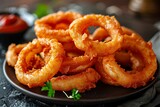 delicious fried onion rings and served with ketchup