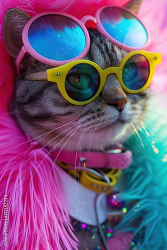 A trendy tabby cat wearing yellow-rimmed sunglasses and a vibrant pink boa captures a fashionable moment