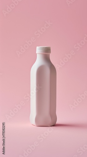A simple, elegant white bottle stands against a pink backdrop, casting a soft shadow