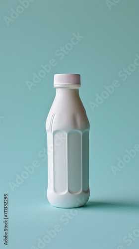 Tasteful and clean image of a white milk bottle with a matte finish set against a calming blue background photo