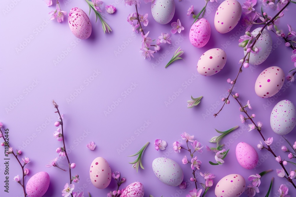 Speckled easter eggs amidst delicate spring blossoms and branches on a serene lilac background Speckled easter eggs amidst delicate spring blossoms and branches on a serene lilac background