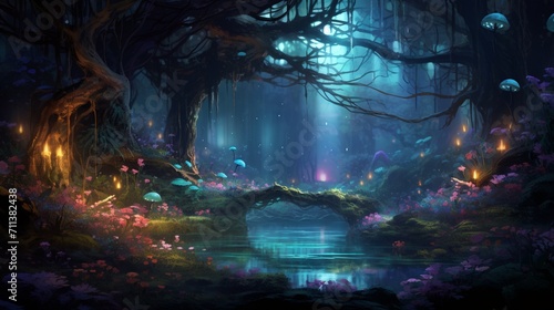 An elaborate and meticulously crafted scene of a mystical forest filled with enchanted creatures - Generative AI