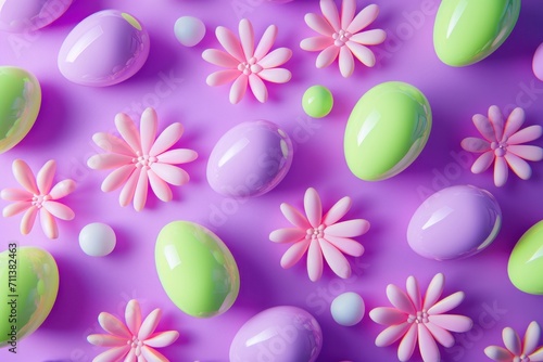 Digitally rendered image of shiny 3d easter eggs and stylized flowers on a purple surface