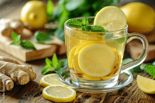 delicious cup of ginger tea with lemon and mint leaves
