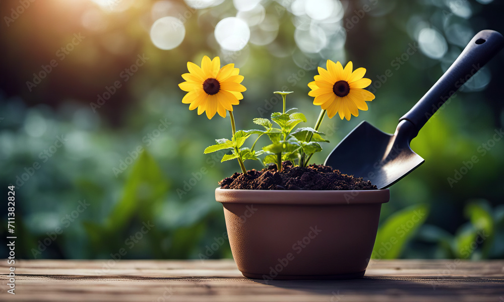Fototapeta premium Planting flowers in a pot on a wooden table in the garden