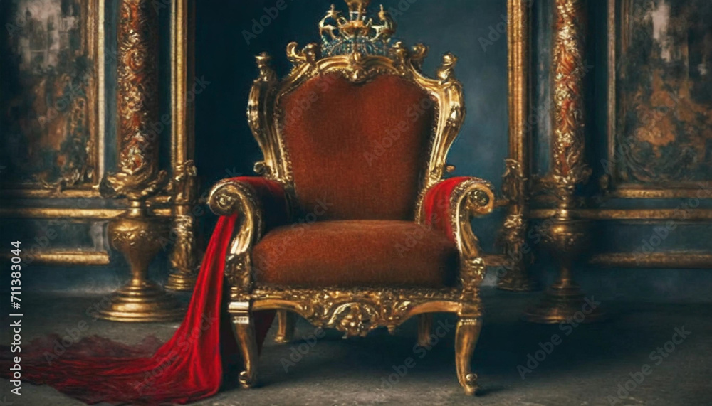 Golden Throne, red cloth, painting, illustration, oil painting, antique