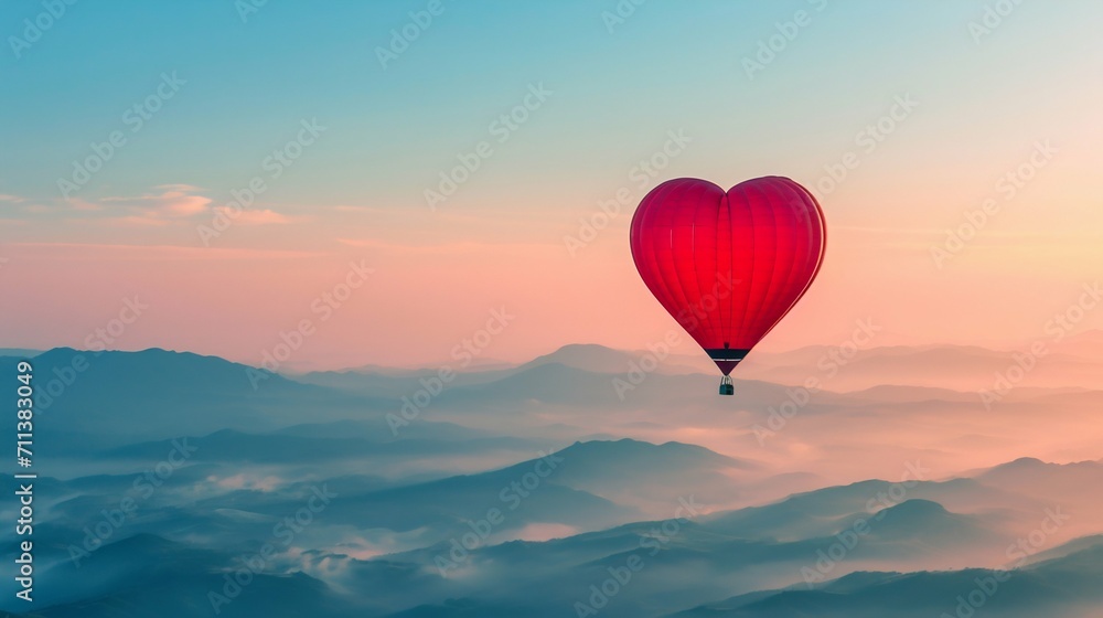 Fototapeta premium Heart-Shaped Hot Air Balloon Soaring at Sunrise. Generative ai