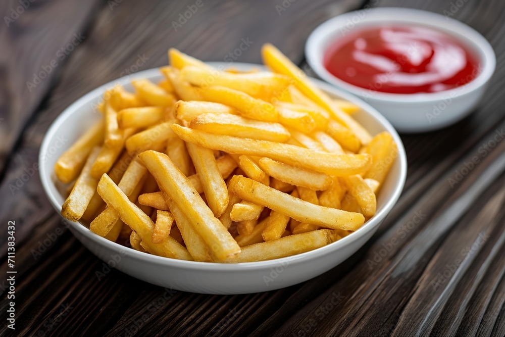 delicious french fries in a bowl and ketchup on a wooden table delicious french fries in a bowl and ketchup on a wooden table