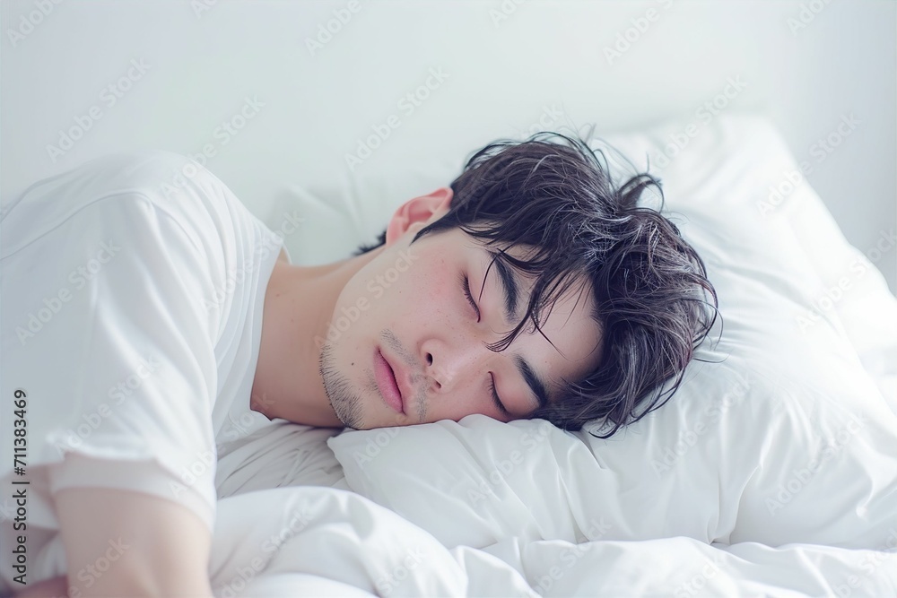 ベッドで寝ている日本人男性のポートレート（睡眠・うたたね・寝る・快眠・休息）