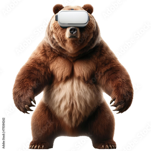 Illustration of a Grizzly bear standing up and wearing a virtual reality headset  isolated on transparent background.