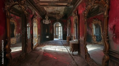 A deserted mansion's grand hall filled with antique mirrors, each reflecting distorted images of an unseen presence. Cinematic red undertones. © Oskar Reschke