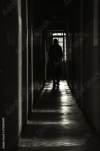 Fotografie A dimly lit corridor with a solitary figure cloaked in shadows, their face obscured