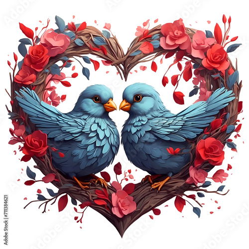 Two loving bird in a heart made of red flowers, Valentine's day, Generative AI