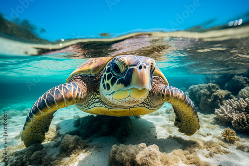 Close-up of a sea turtle swimming near the ocean floor, showcasing marine life and underwater biodiversity