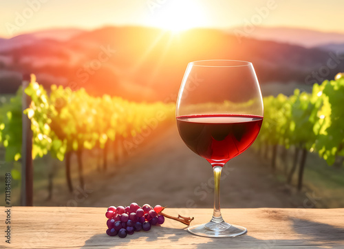 Red wine glasses placed on a natural wooden table on a vineyard background. and sunlight in the morning