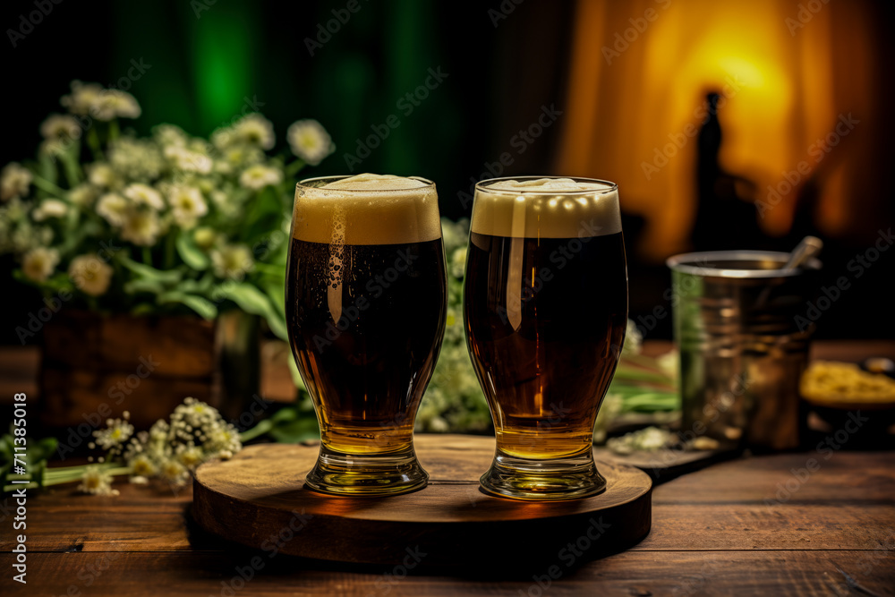 Two glasses of beer with frothy heads on a wooden stand set against a warm, blurred background, suggestive of a cozy pub atmosphere