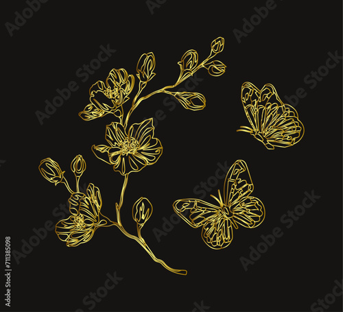 Golden flower and butterfly illustration, vector design for fashion, card, poster prints