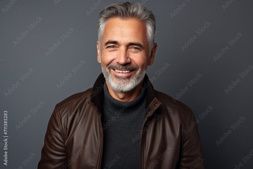 Portrait of a smiling mature man in a leather jacket against grey background