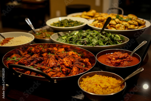A variety of Indian dishes displayed on a table, including rice, curries, and samosas, evoking a festive culinary celebration