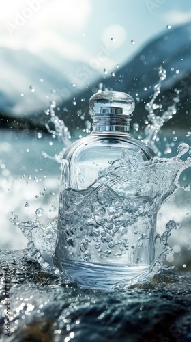 A parfum bottle on water splash, bokeh mountain background. 