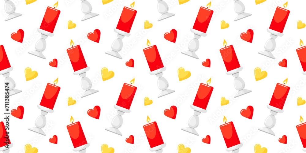 Seamless pattern with hearts and red candles with fire in candlesticks