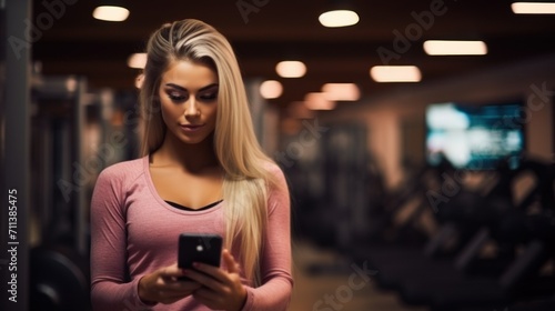 AI-Powered Fitness App for Gym and Home Workout. Focused Female Athlete Using AI Fitness App at Gym.