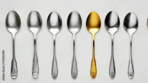 A lone gold spoon gleams amidst a lineup of silver ones. Its opulent hue brings a touch of luxury, standing out in the uniformity of silver, adding a regal flair to the table setting. photo