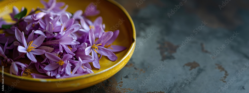 Saffron Autumn Crocus violet Flowers in Yellow Bowl. Harvest Saffron Flowers and Make most expensive Saffron Spice Saffron Autumn Crocus violet Flowers in Yellow Bowl. Harvest Saffron Flowers and Make most expensive Saffron Spice
