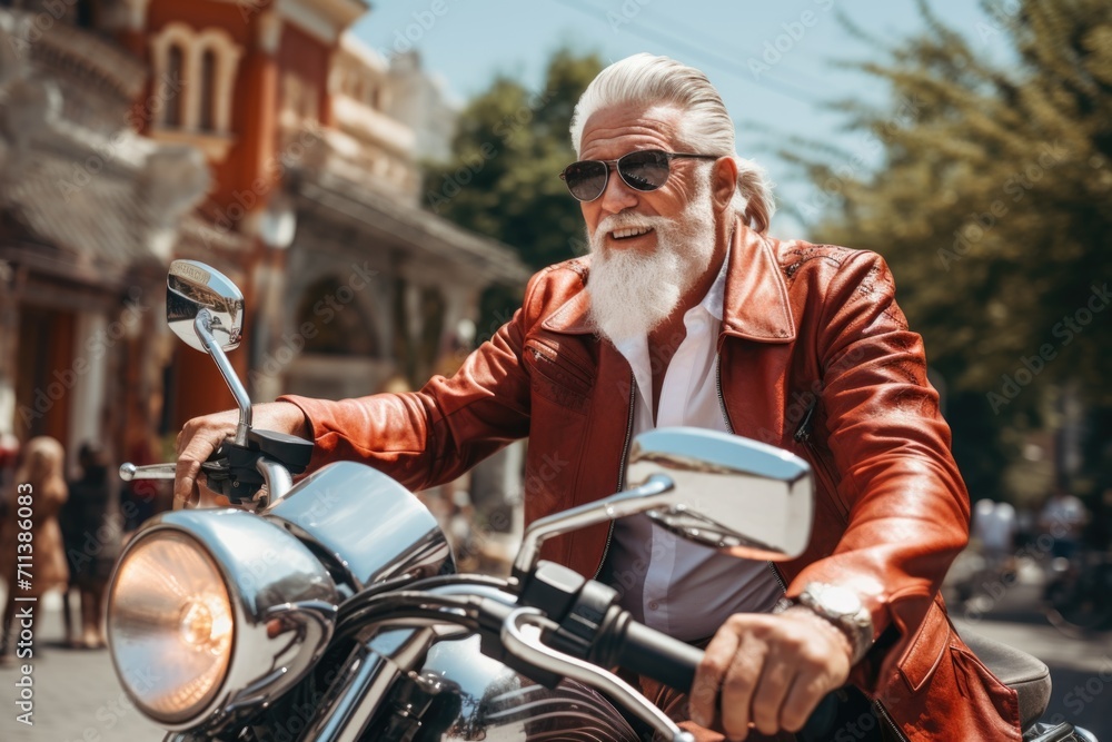 An elderly brutal man with a beard and glasses rides a motorcycle on a city street in summer