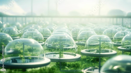In a futuristic landscape, large glass domes house rows upon rows of embryo farming facilities, indicating the rapid advancement and widespread implementation of this technology. photo