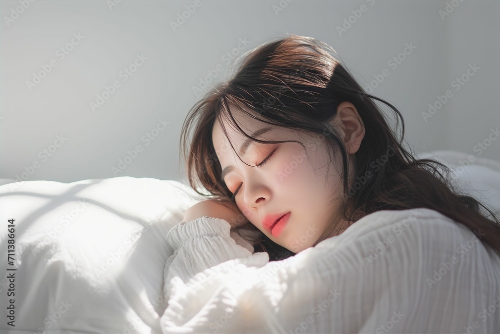 ベッドで寝ている日本人女性のポートレート(睡眠・うたたね・寝る・快眠・休息) ベッドで寝ている日本人女性のポートレート(睡眠・うたたね・寝る・快眠・休息)